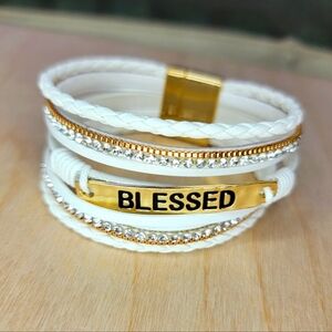 Blessed, Gold and White, Faux Leather, CZ Sparkle, Glitter, Cuff Bracelet